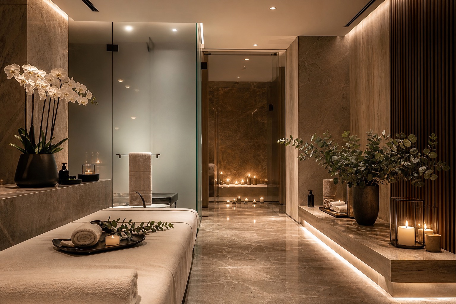 Luxury spa interior with marble floors, candles, and orchids