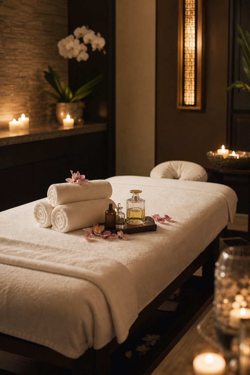 Spa massage room with candles and flower petals