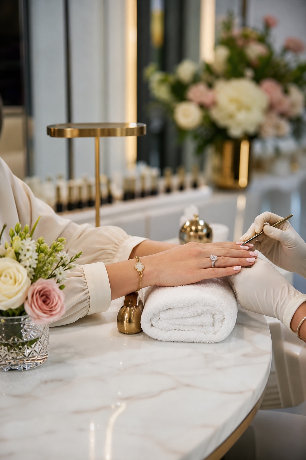 Luxury nail salon with marble table and gold accents