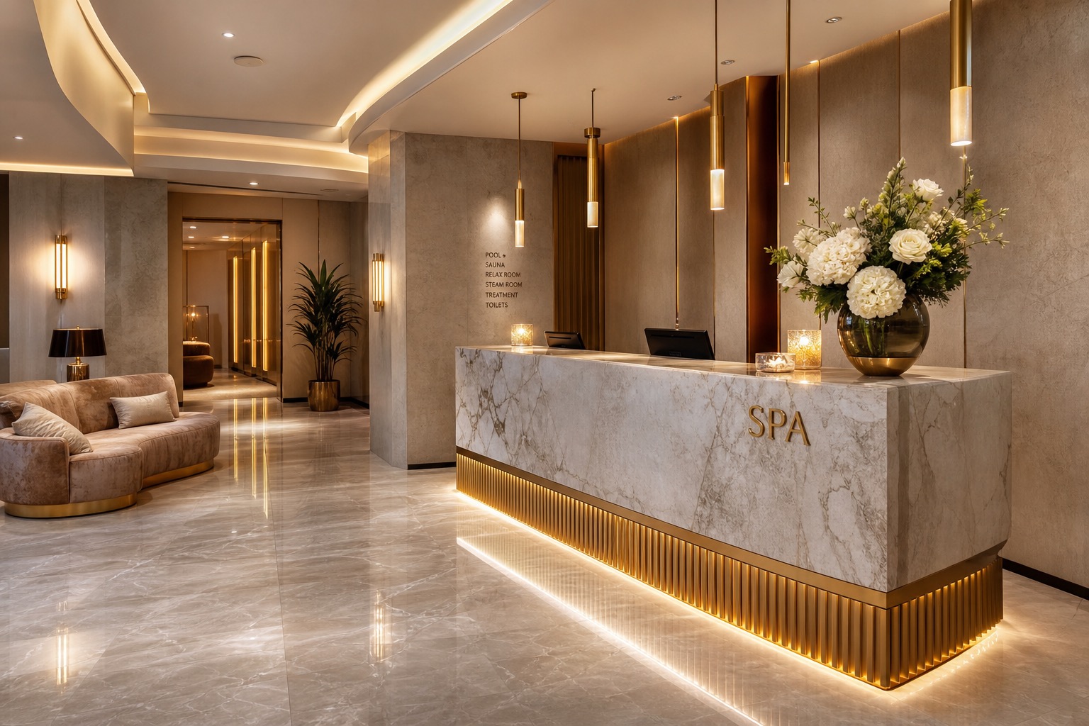 Luxury spa reception desk with marble, flowers, and gold fixtures