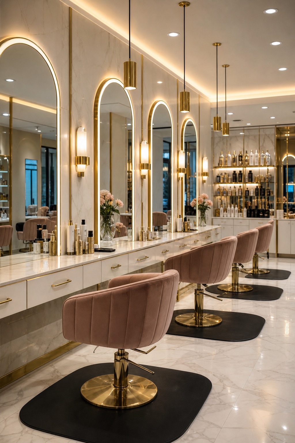 High-end hair salon with gold and white decor